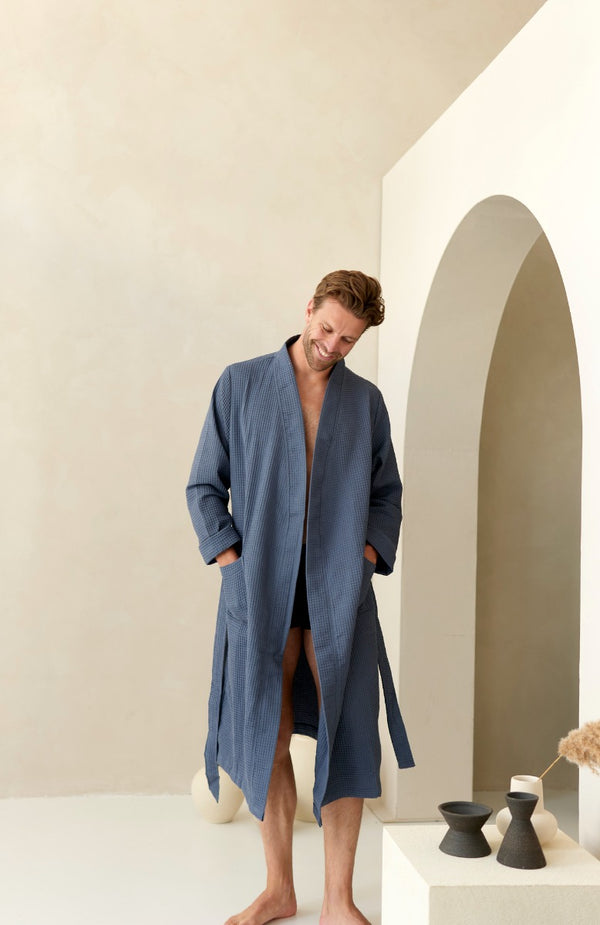 Wafel badjas lang Livello Nature Dark Bleu heer