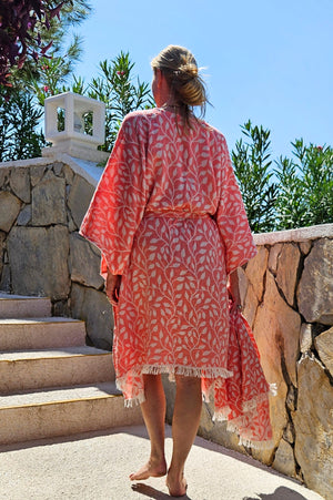 ZusenZomer Kimono Dress Leaf Coral